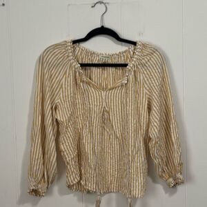 Max Studio Yellow Striped Seersucker Peasant Top Small
